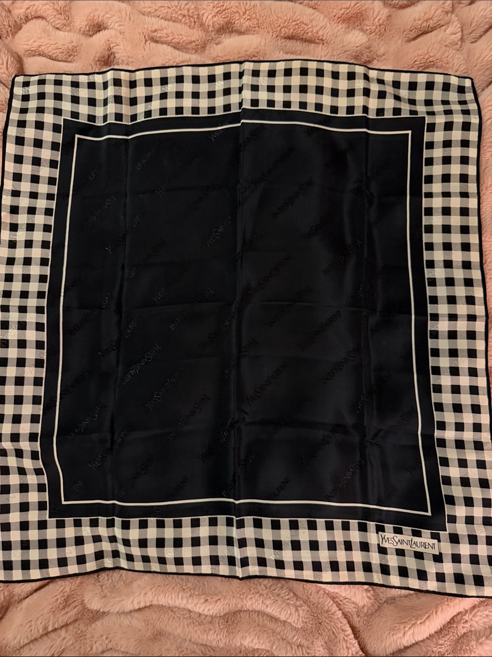 Yves Saint Laurent Black & White Checked Border Silk Scarf